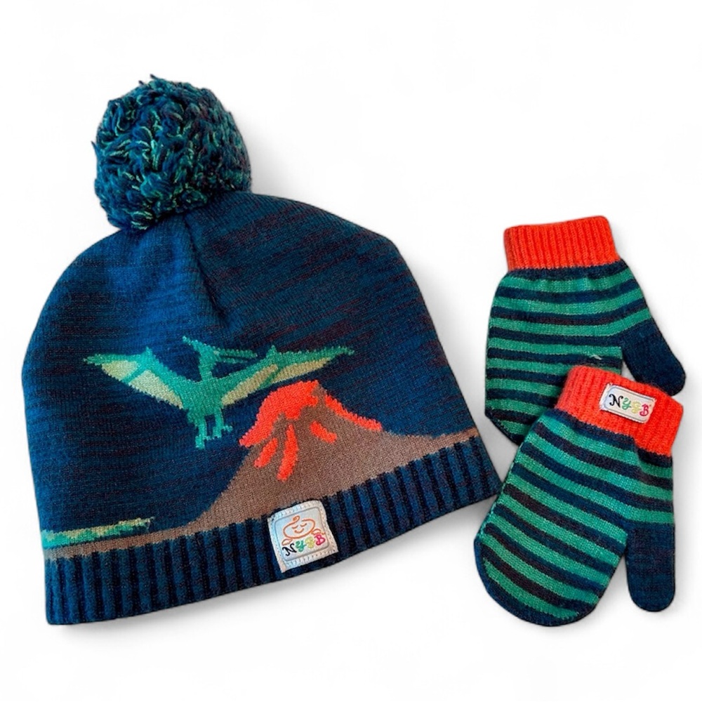 Baby Toddler Dinosaur Pom-Pom Beanie Winter Hat &  Matching Mittens Set